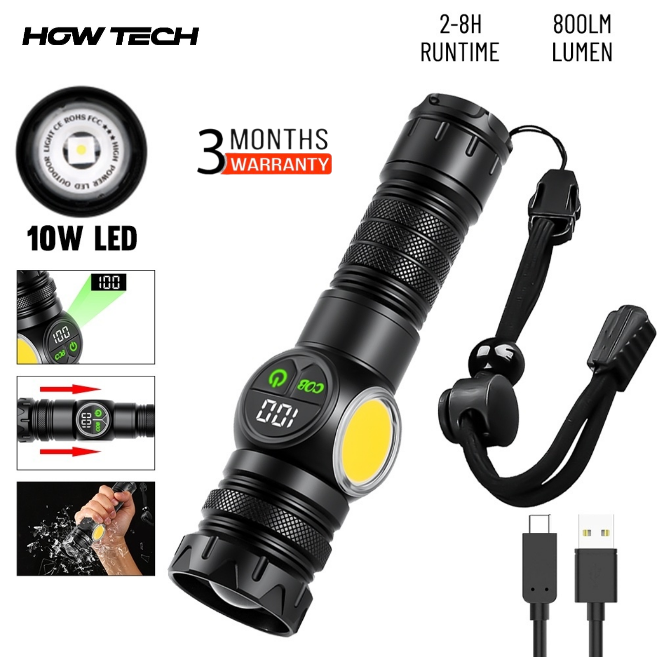 K60 Rechargeable Flashlight 10W COB + LED Torchlight